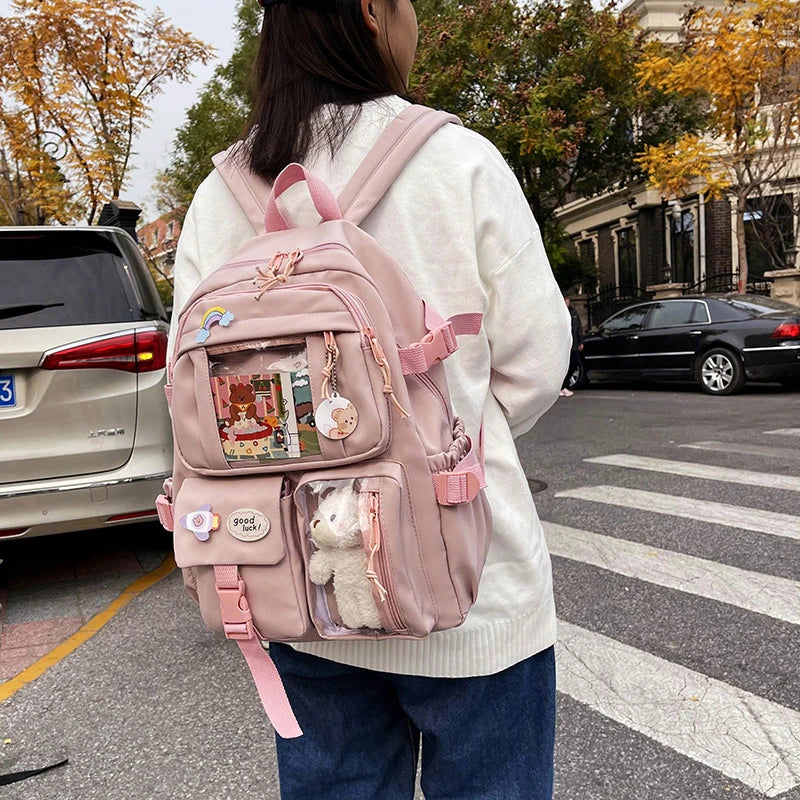 Cute Women’s Waterproof Nylon Backpack – Multi-Pocket Kawaii School Bag, Laptop & Book Pack for Girls, Stylish Student Travel Backpack