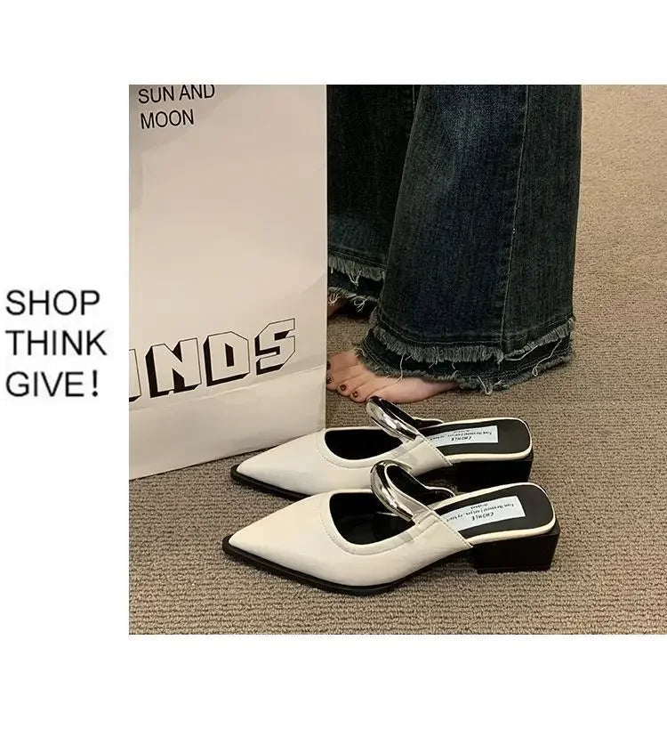 2026 New Women Cover Toe Mules Slippers Fashion Metal Decoration Thick Heel Slide Shoes Comfort Street Style Footwear