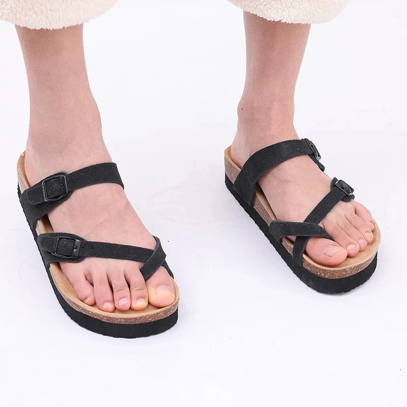 Comwarm Classic Cork Slippers For Women New Fashion Suede Flats Sandals Summer Couple Beach Slides Shoes With Adjustable Buckle