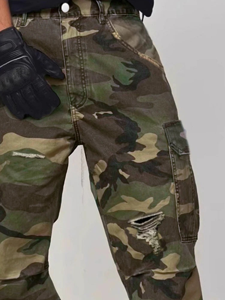 Men's Spring Fashion Casual Jeans Streetwear Camouflage Cargo Pants Distressed Ripped Wide Leg Trendy Daily Wear Loose Trousers