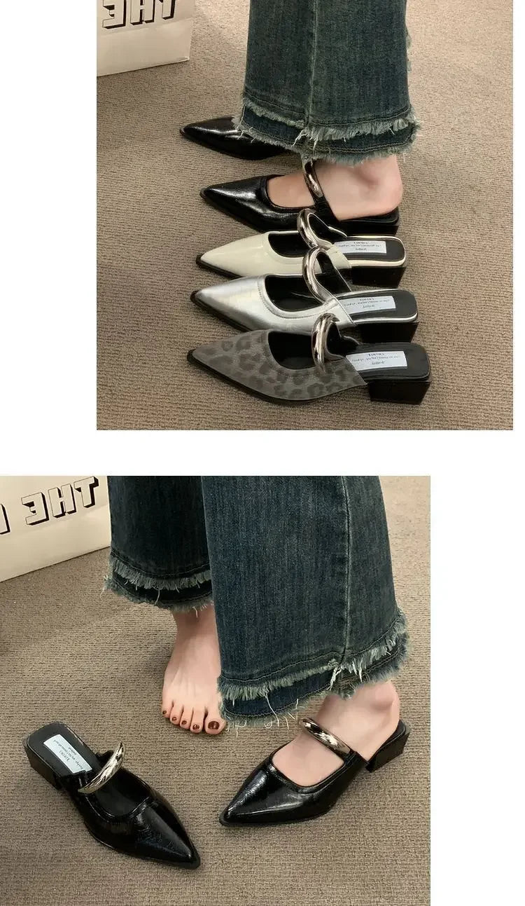 2026 New Women Cover Toe Mules Slippers Fashion Metal Decoration Thick Heel Slide Shoes Comfort Street Style Footwear