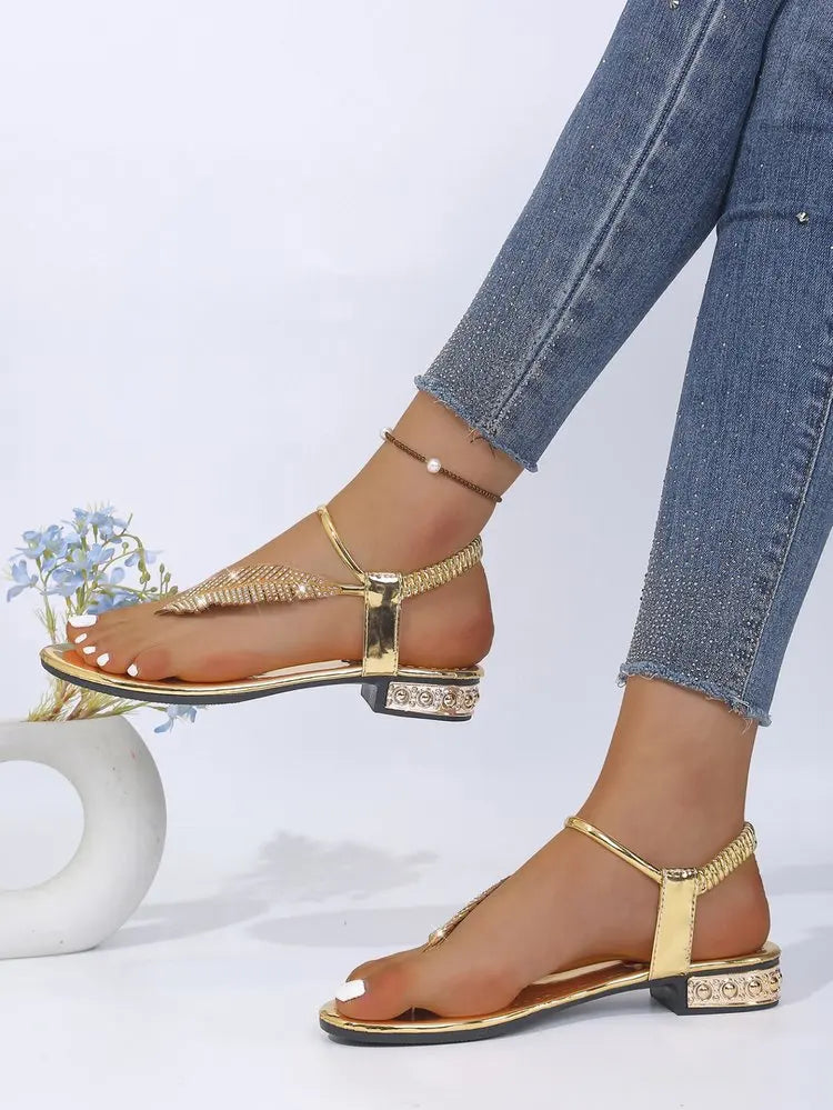 Women’s Gold & Silver Gladiator Flat Sandals – Elegant Ankle Strap Roman Style Summer Beach Shoes with Plus Size Fit