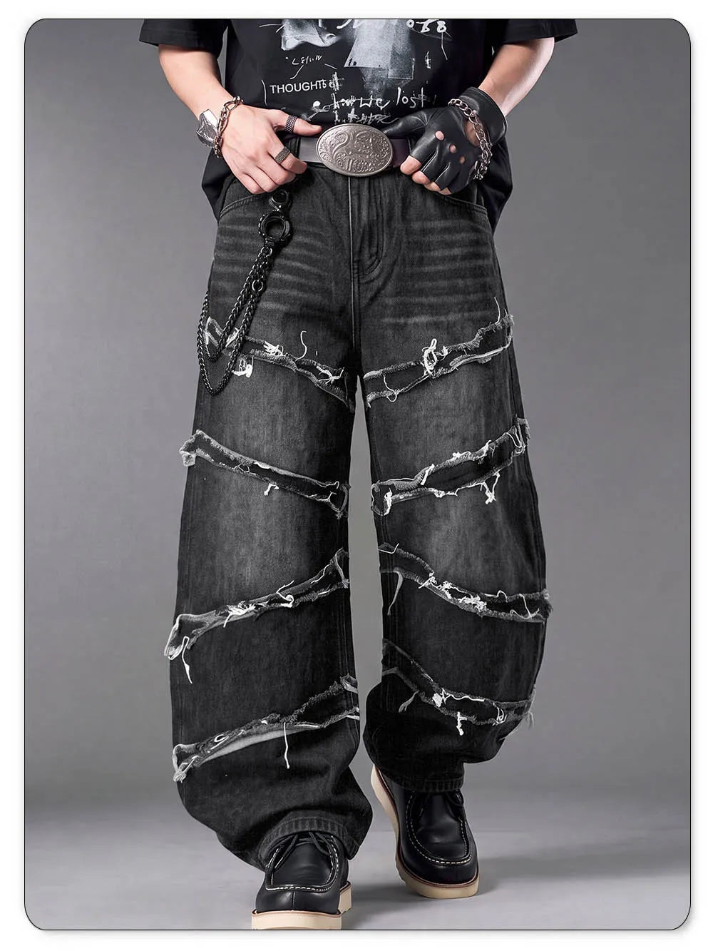 LIYS Men's Gothic Baggy Jeans Raw Frayed Edge Deconstructed Patchwork Wide Leg Denim Pants Y2K Punk Streetwear Trousers ﻿