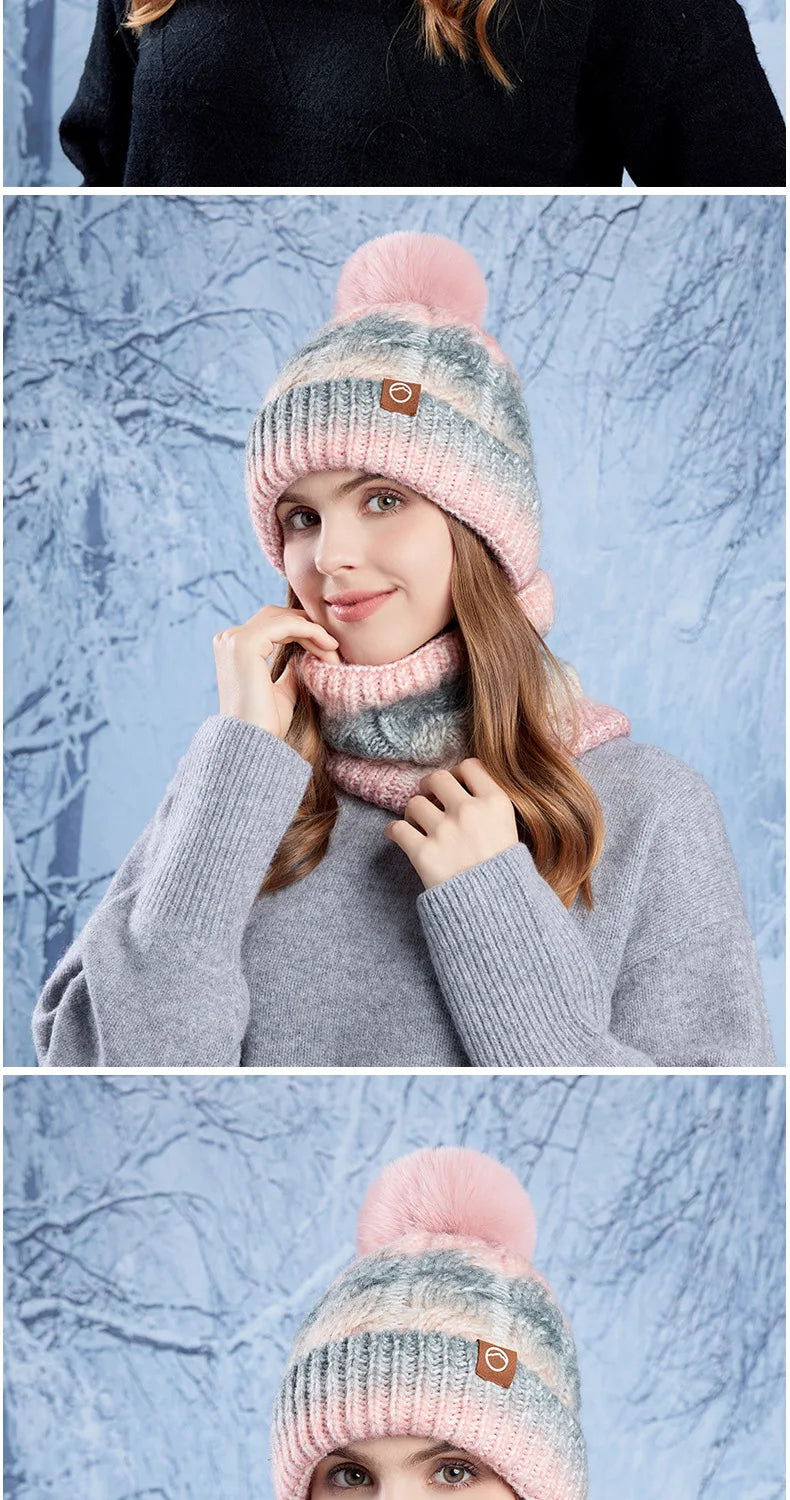 Winter Lady Warm Hat Scarf Two-piece Set Fleece Thickened Gradual Change Color Knitted Skiing Hat Fashion Pullover Hat for Women