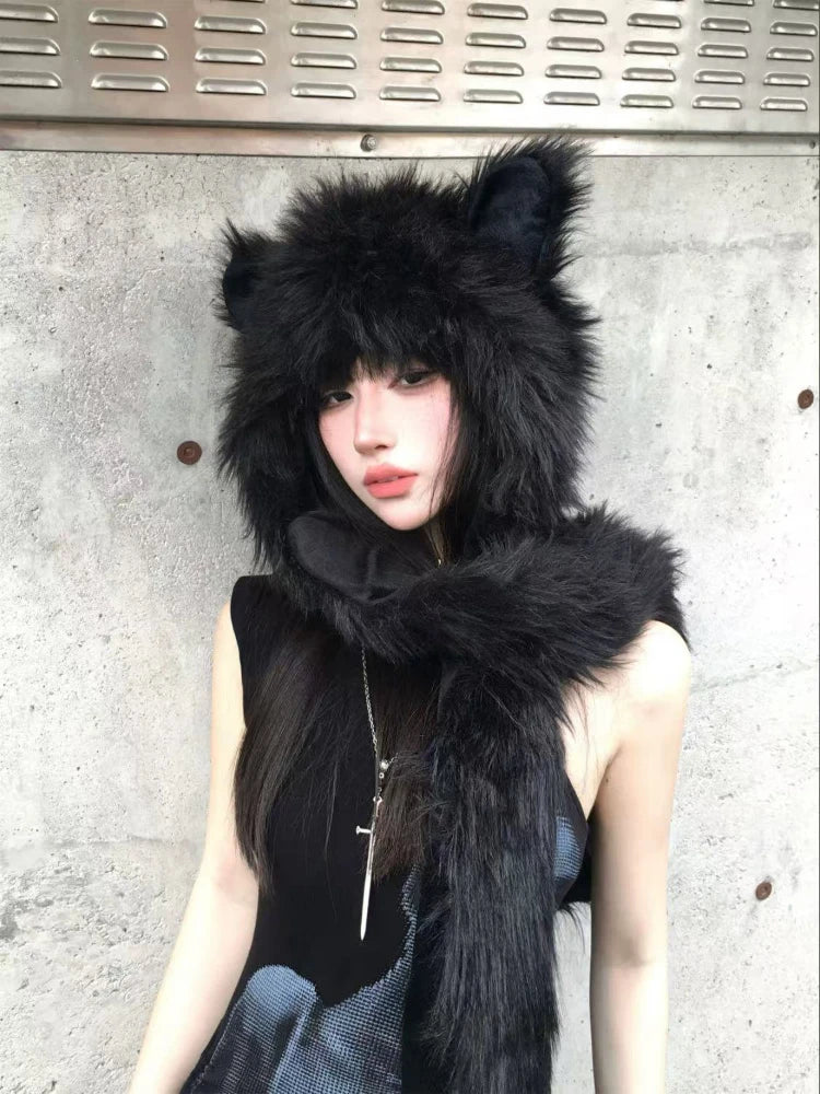 Japanese Kawaii Cute Fur Scarf Hat Winter Keep Warm Y2k Aesthetic Fashion Vintage Cap Bears Ears Women Hats Grunge Streetwear