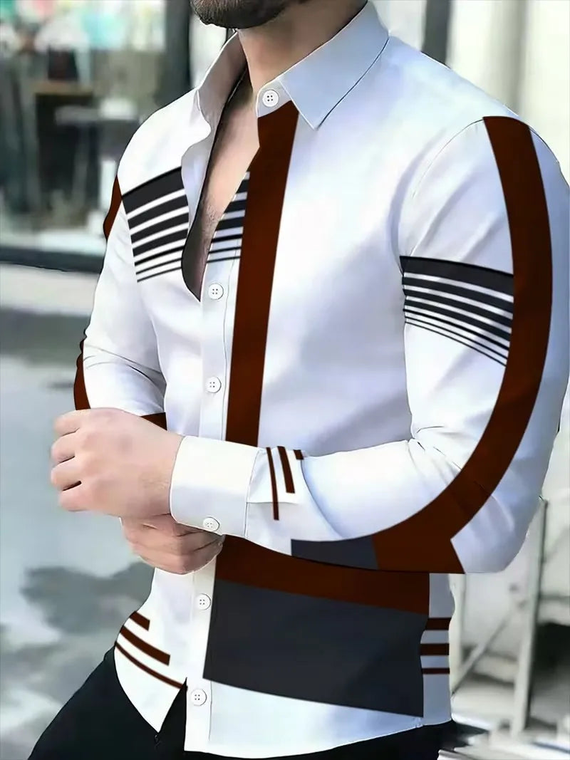 New blue and white geometric wave dynamic printed shirt with trendy technology for men's slim fit long sleeved shirt