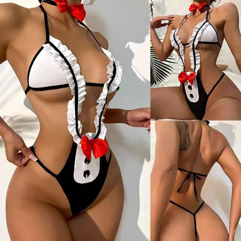 New Bow Halter Sexy Lingerie Set Pajama Fashion Backlesss Clothing Adult Crotchless Underwear Women Deep V Open Bra Porn Clothes