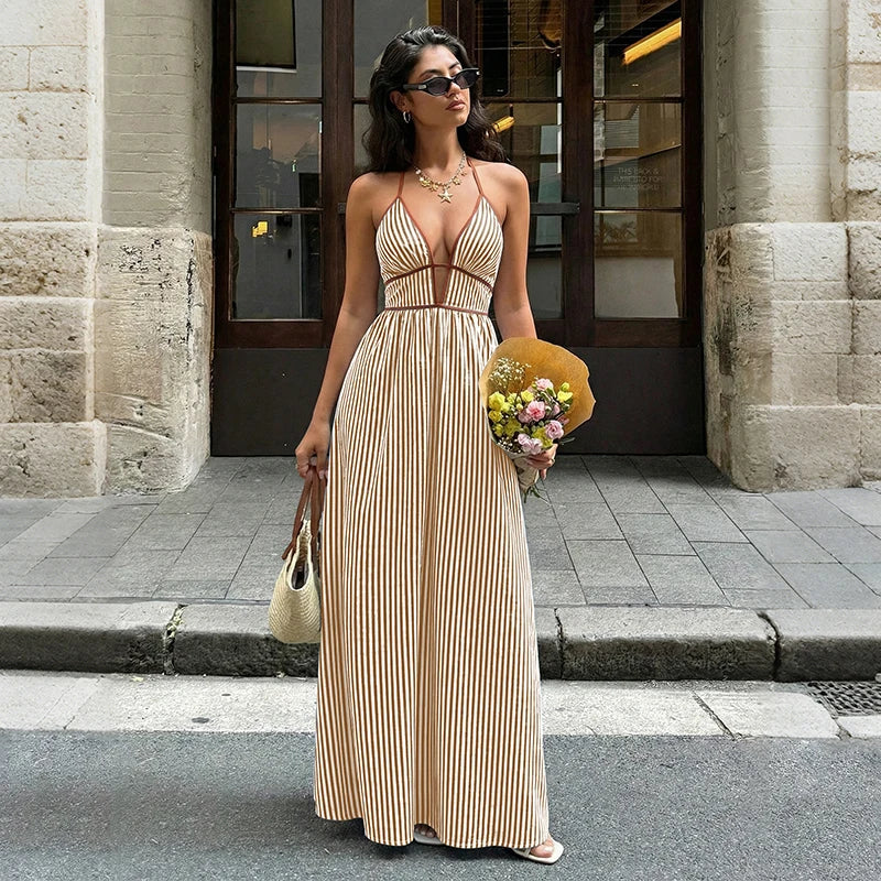 Women’s Striped Backless Maxi Dress
