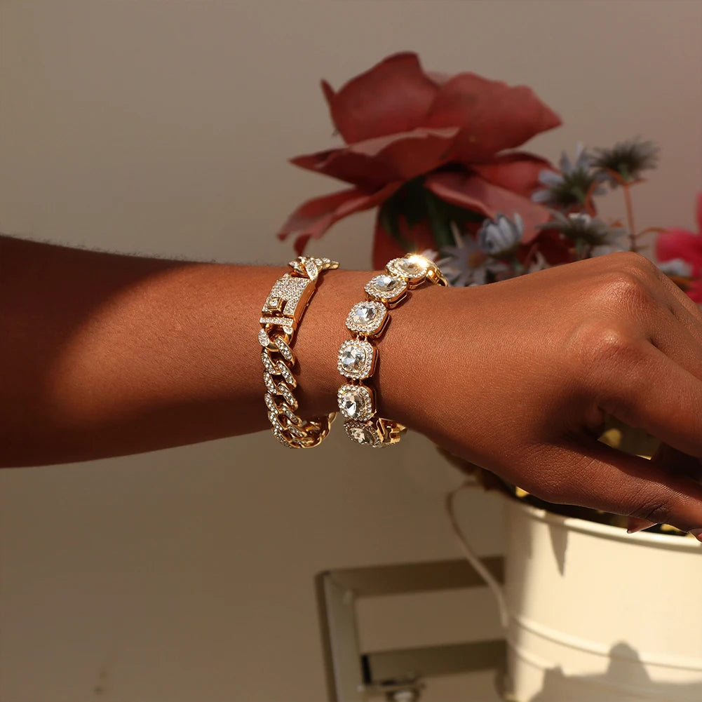 Iced Out Pink Cuban Bracelet Set for Women – 4Pcs Hip Hop Crystal Heart, Circle & Square Gold/Silver Tone Bracelets, Fashion Jewelry Gift