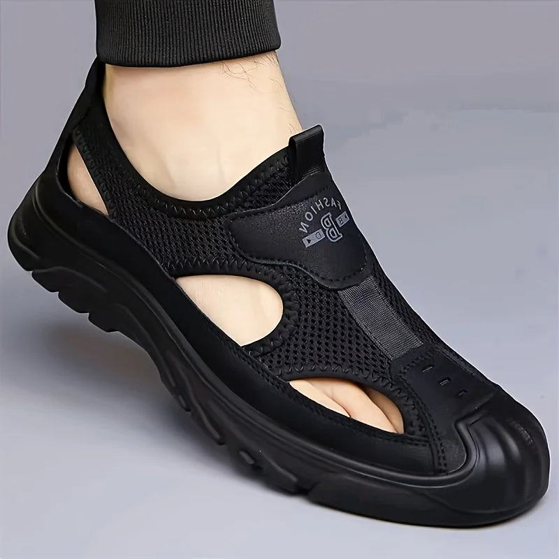 Men Closed Toe Hiking Sandals 2026 New Breathable Mesh Leather Slip On Outdoor Water Shoes Non Slip Thick Sole Beach Walking Sandals Black Brown Two Color Comfort Casual Footwear For Driving Fishing Travel Camping Daily Summe