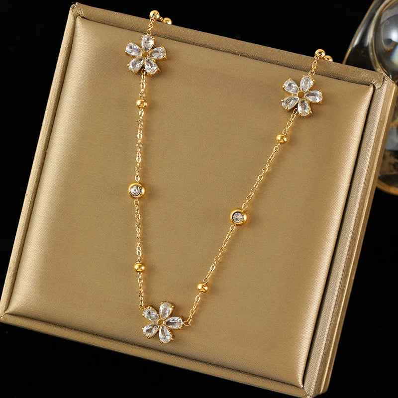 EILIECK 316L Stainless Steel White Zirconia Flower Petal Necklace Bracelet & Earrings Set for Women – Trendy Jewelry Party Gift
