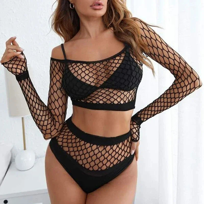 Sexy Pure Desire Underwear Women's Thin Transparent Temptation Mesh Clothes Hollow Mesh Top Shorts Romantic Three Point Set