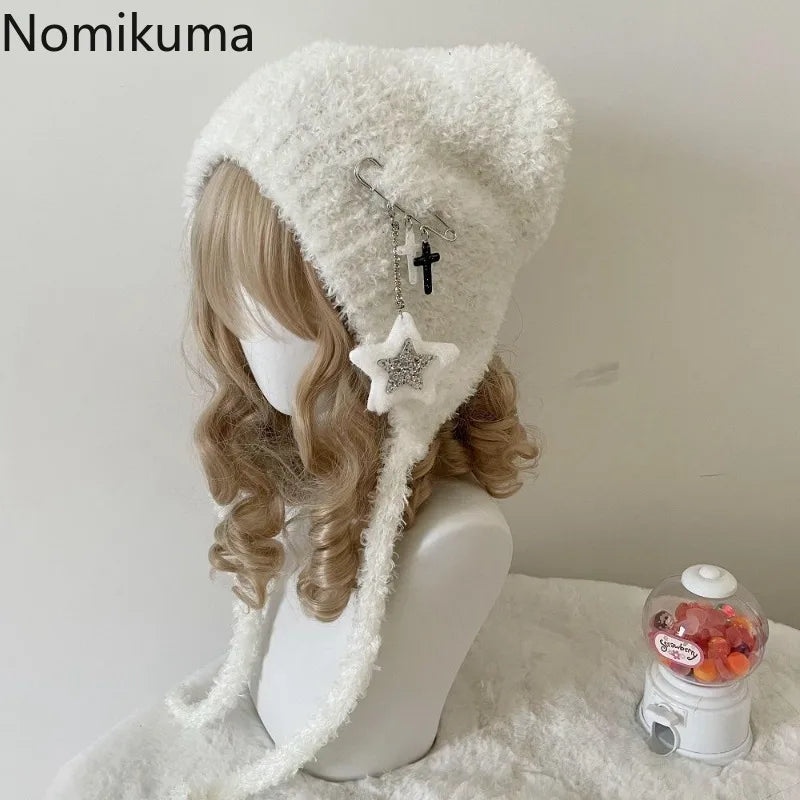 Y2K Cute Star Knitted Beanie Hat Ins Cute Japanese Gorras Knitting Wool Warm Cap Autumn Winter Cat Ears Pointed Women Hats