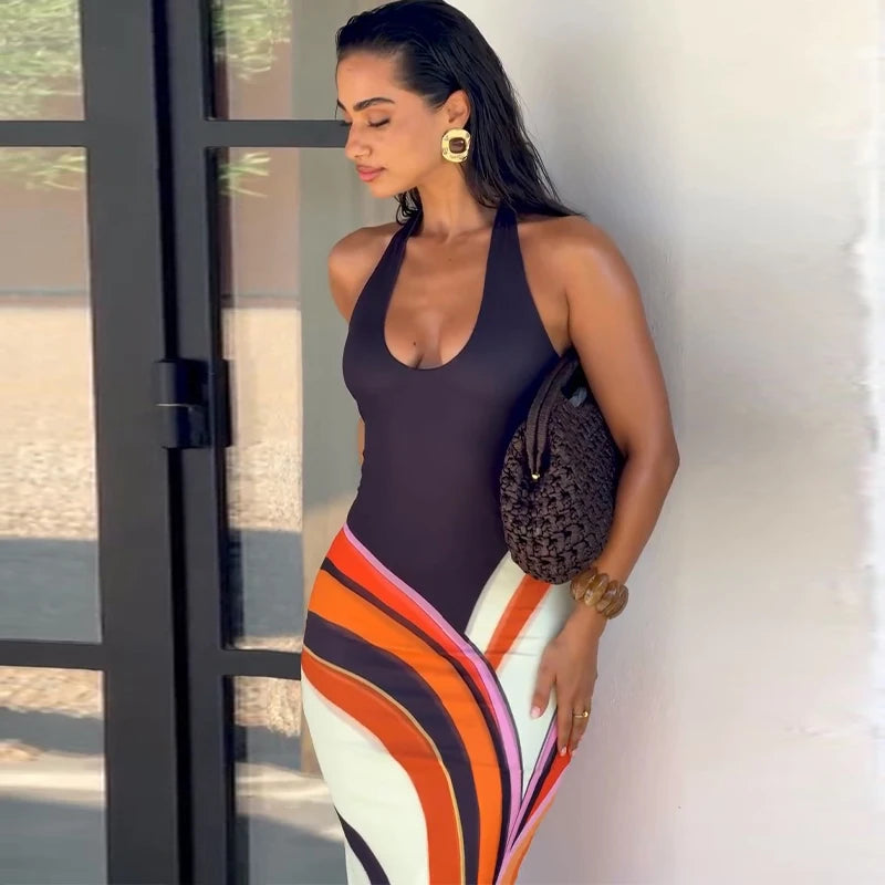 Women’s Sexy Printed Deep V-Neck Backless Maxi Dress