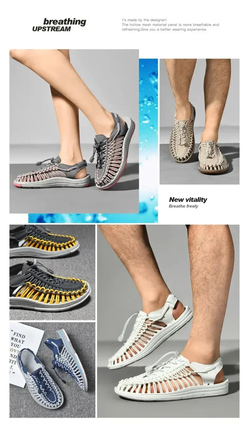 Summer Men Sandals Women Slippers Weaving Design Beach Sandals Breathable Casual Flat Sandals Outdoor Couples Sandals Size 48