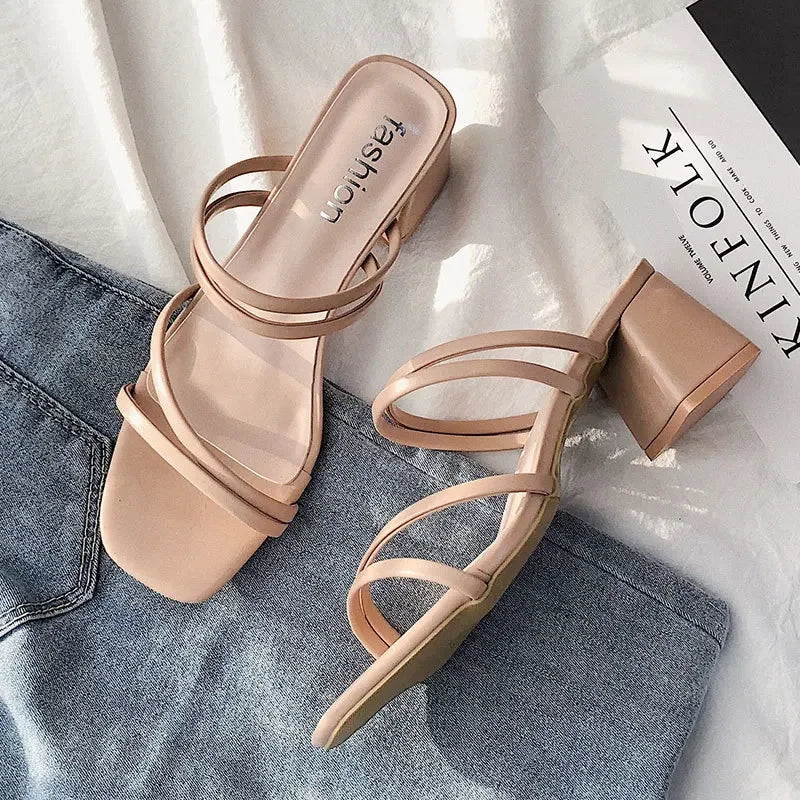Women’s High Heel Sandals Square Block Heel Open Toe Cross Strap Slip-On Summer Casual Elegant Dress Shoes