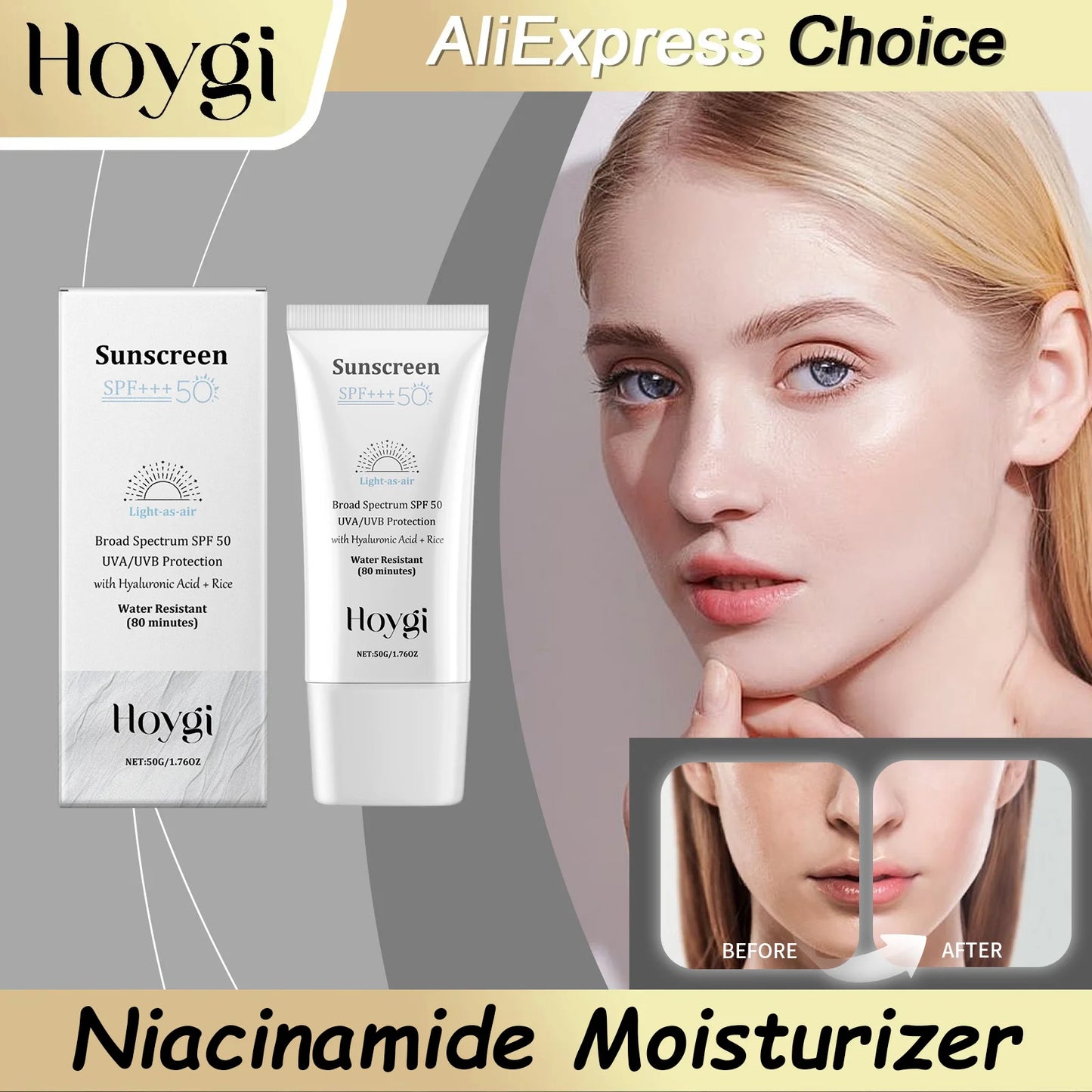 HOYGI SPF50 Facial Sunscreen – Hyaluronic Acid Moisturizing Face Cream, Skin-Brightening Sunblock & Daily Korean Skincare