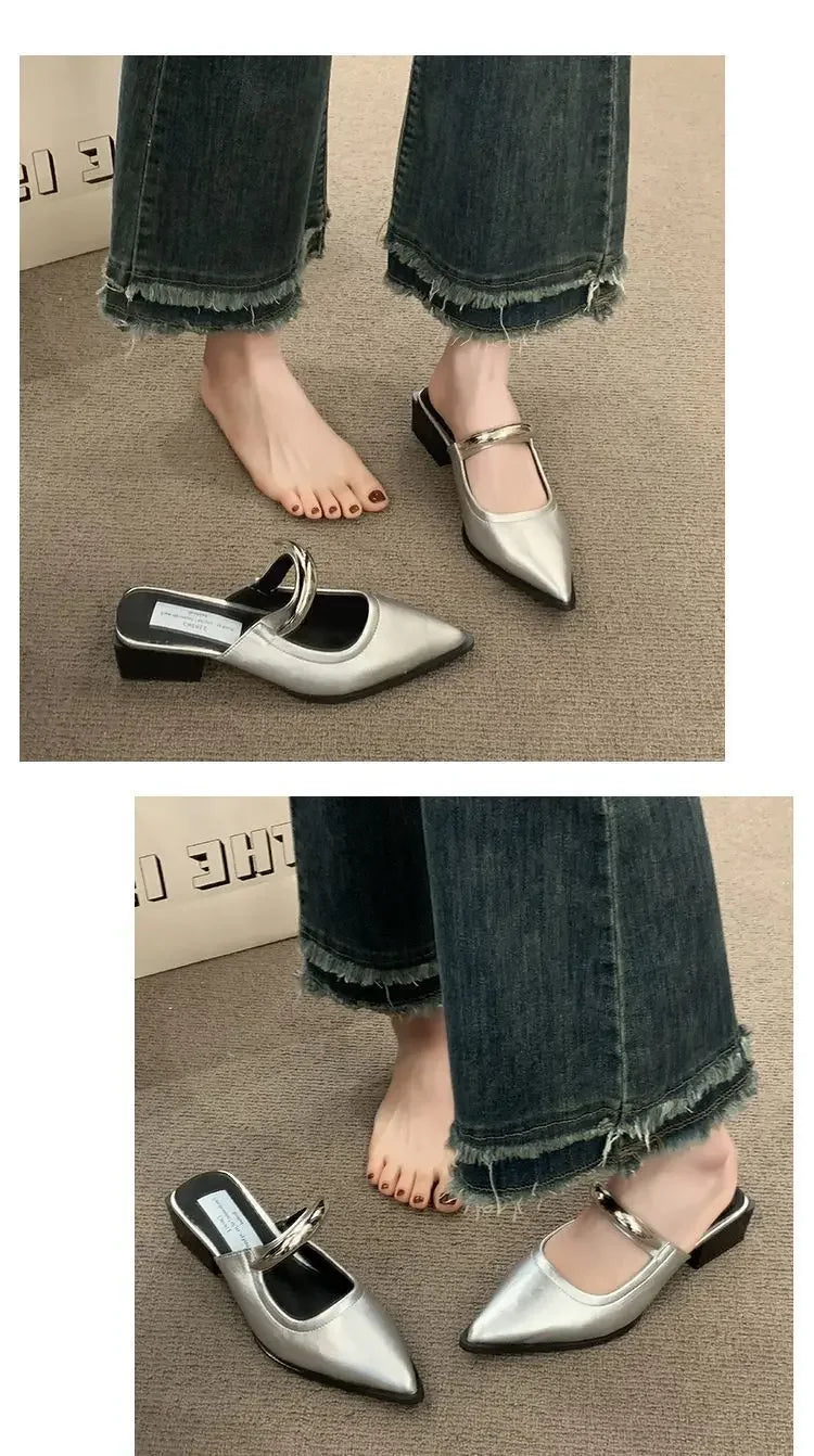 2026 New Women Cover Toe Mules Slippers Fashion Metal Decoration Thick Heel Slide Shoes Comfort Street Style Footwear