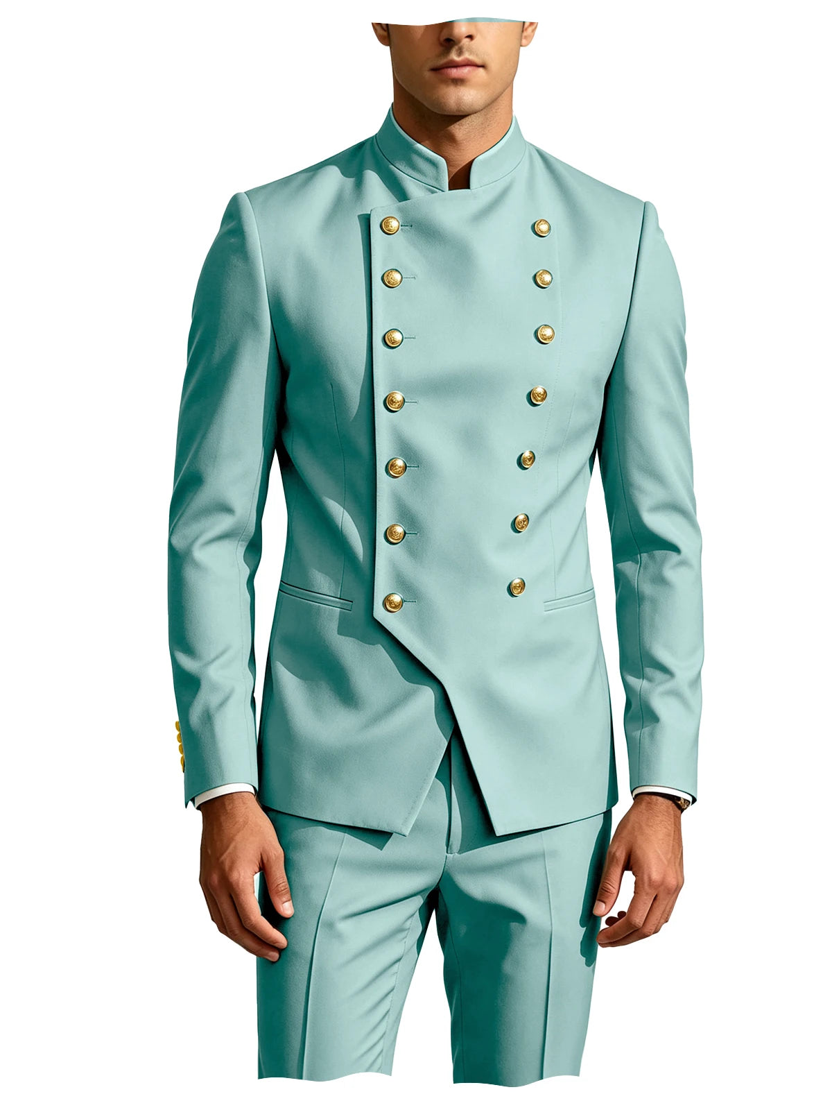 Men's Double Breasted Stand Collor Suit 2 Pieces Blazer Pants Set Slim Fit Business Casual Suit Jacket Formal Wedding Tuxedo