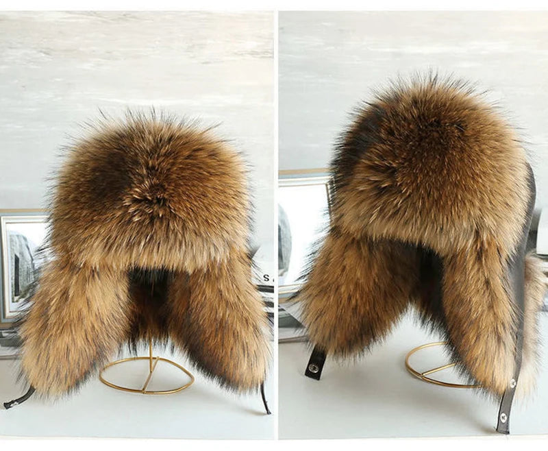 Natural Raccoon Fur Hat Women Black Fox Fur Russian Ushanka Hats Winter Warm Ears Bomber Cap