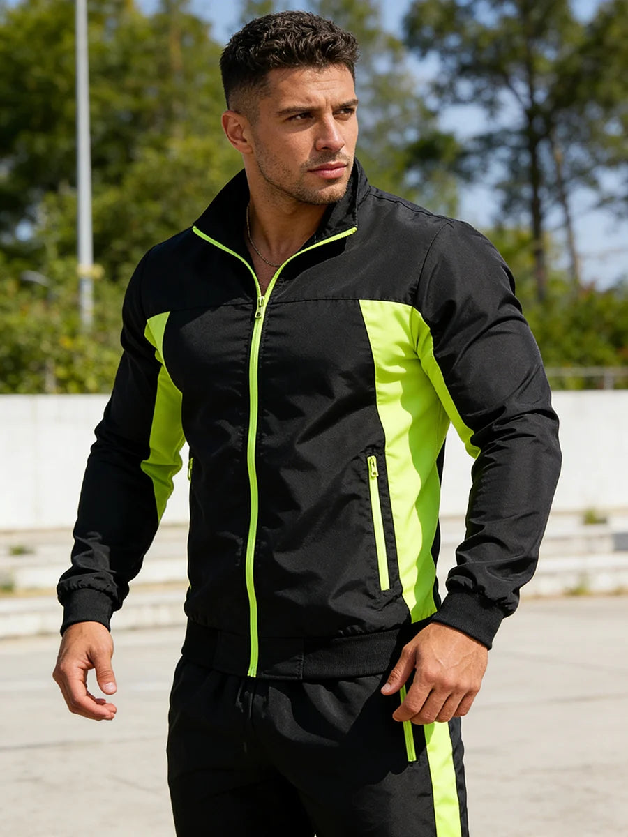 Men’s Lightning Print Sportswear Tracksuit Set – Zip-Up Jacket & Matching Trousers for Outdoor Fitness, Cycling & Casual Active Wear
