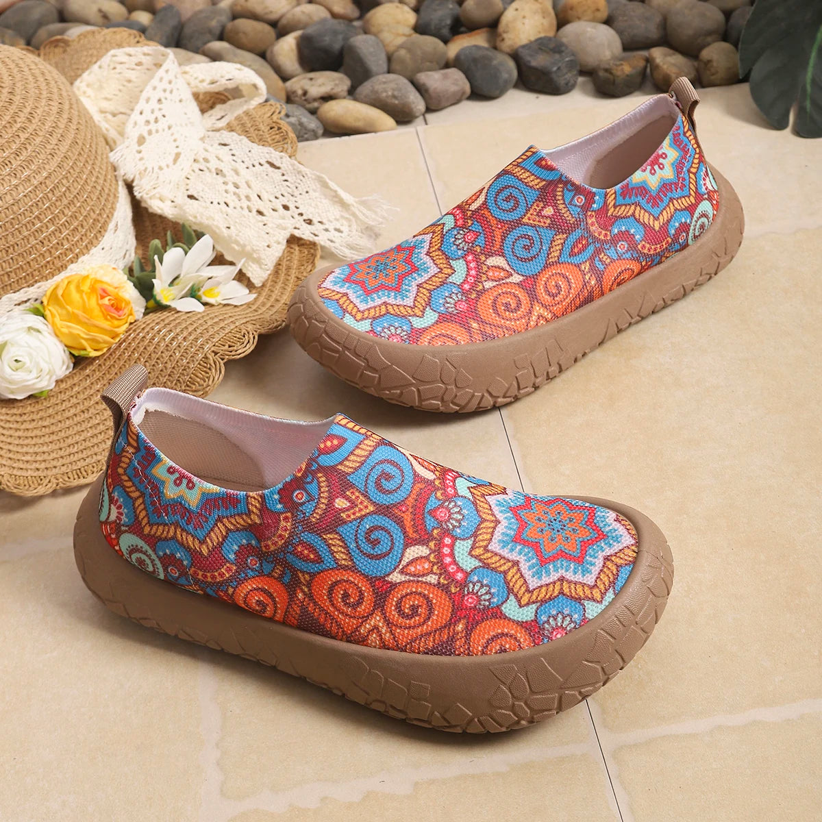 2026 Spring Autumn Women Tropical Print Slip On Sneakers Light Breathable Nonslip Mesh Casual Walking Shoes Daily Outdoor Commut