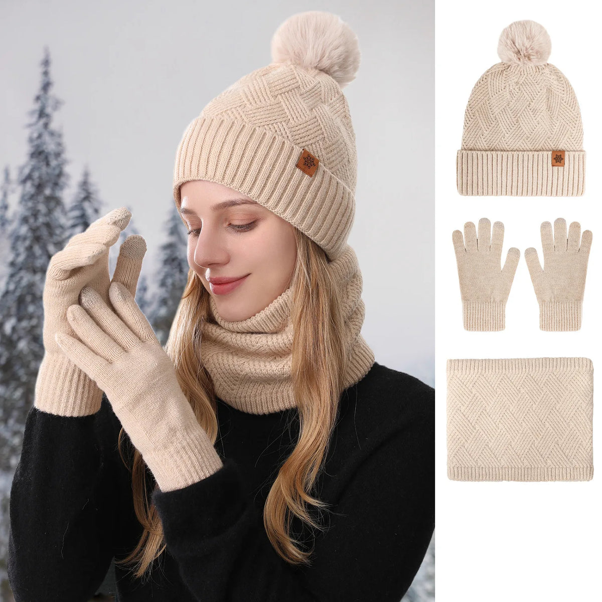 Men's / Women's Outdoor Warm Fleece-lined Knitted Hats Winter Cold-proof Double-layer Stocking Cap One/three-piece Set Skullies