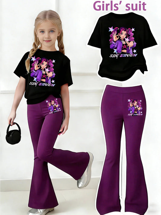 Girls' 2-Piece Anime Print Top and Flared Pants Set
