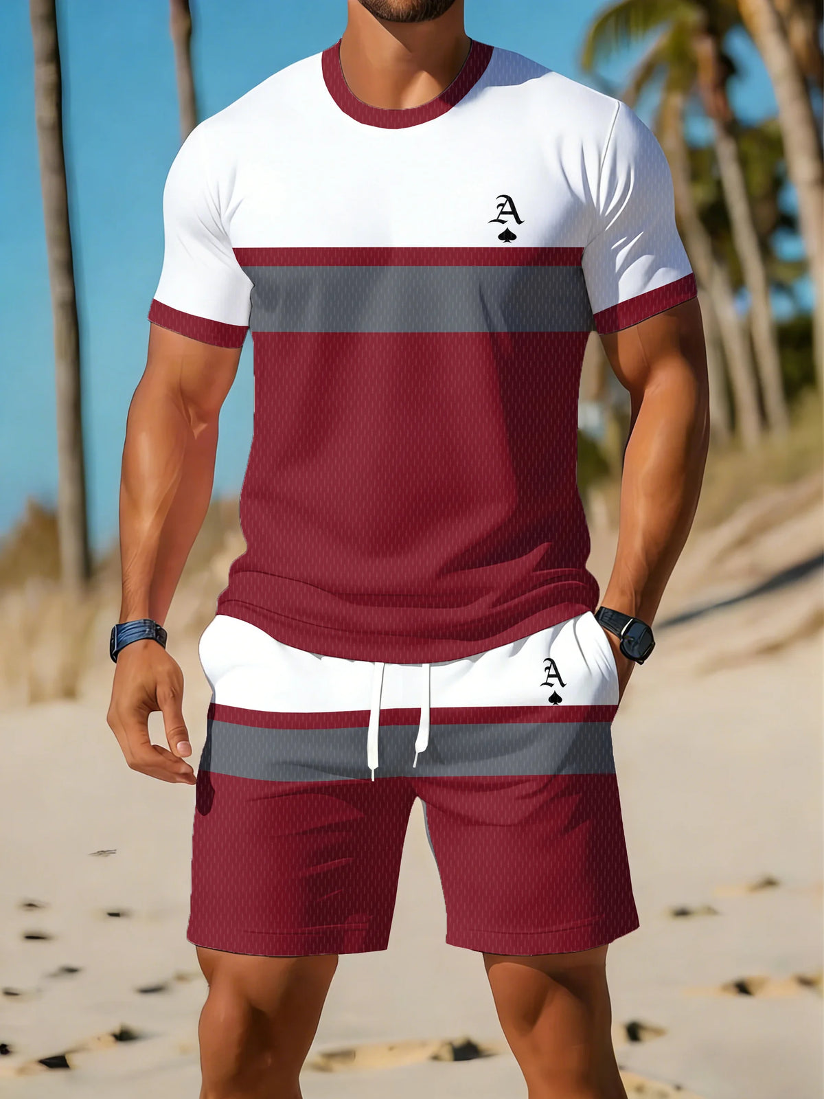 Casual Holiday Beach Men's T-shirt And Shorts 2 Pieces Sets Summer Men's Suit Clothing Stripe Print Short Sleeve Tee Shorts Set