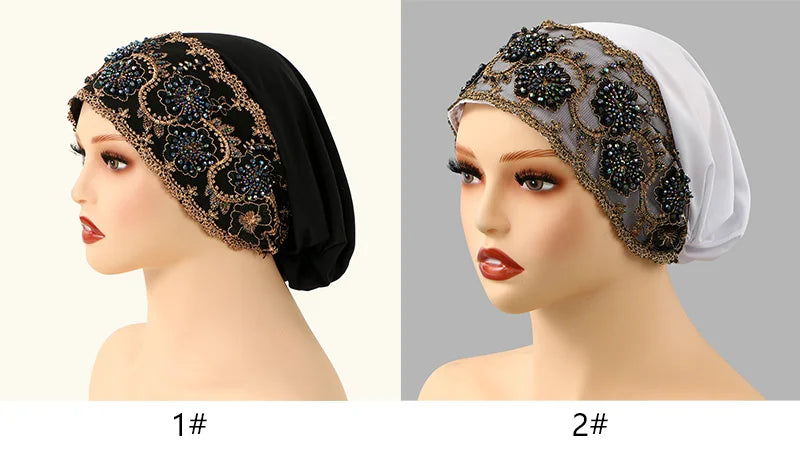 Women’s Luxury Pearl Embroidered Mesh Hijab Cap
