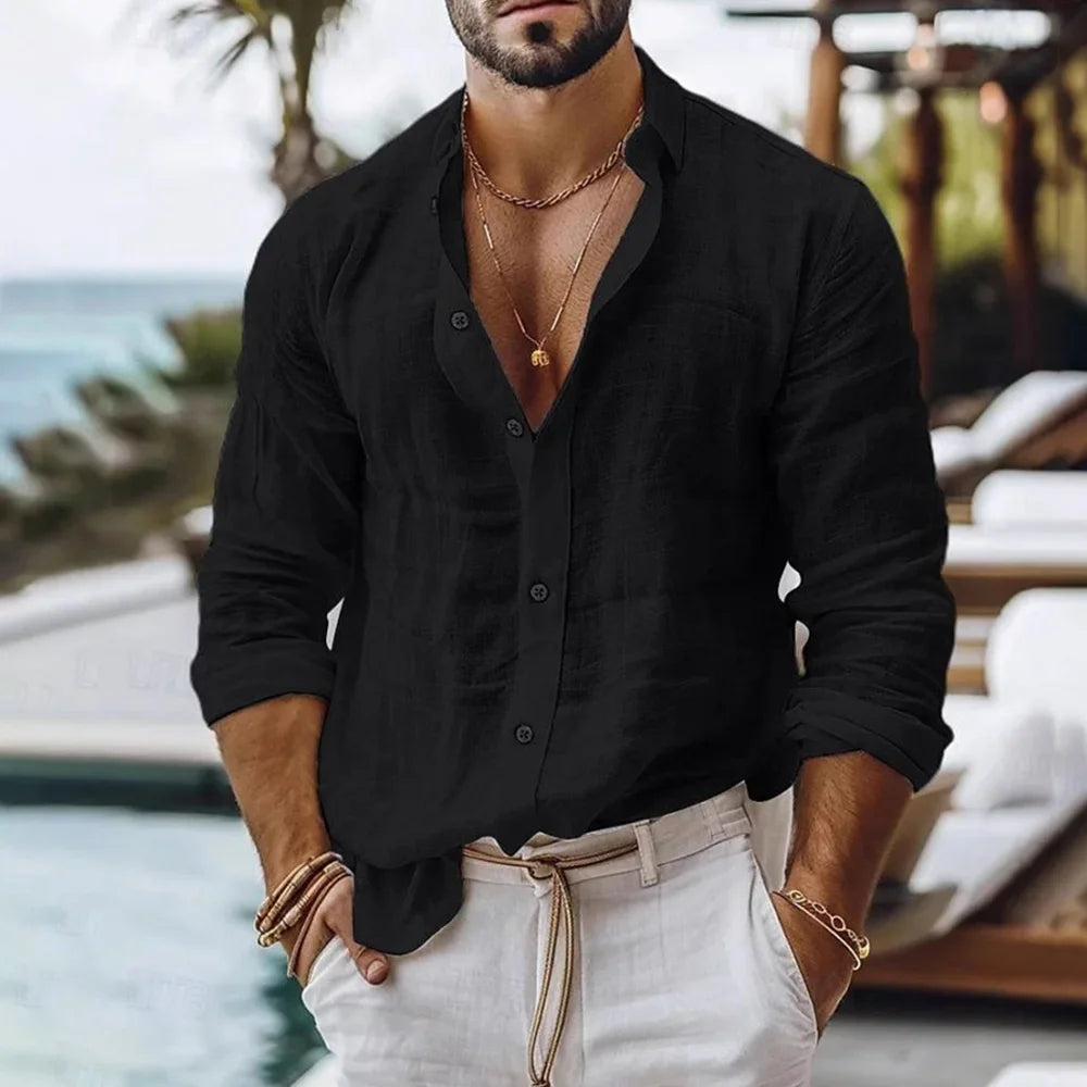 Men's Lightweight Cotton Linen Button-Down Beach Shirt