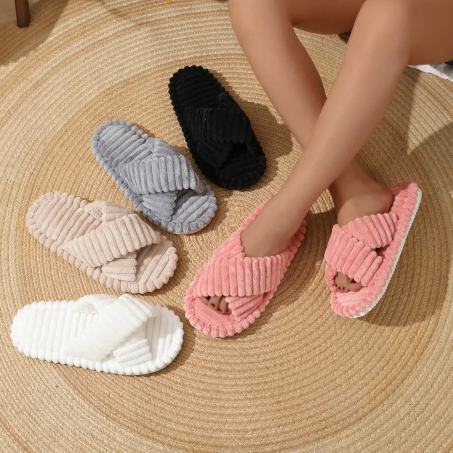 Evshine Women's Furry House Slippers Fashion Cross Straps Fur Fluffy Slides Soft Cozy Memory Foam Shoes Lady Open Toe Flat Slide