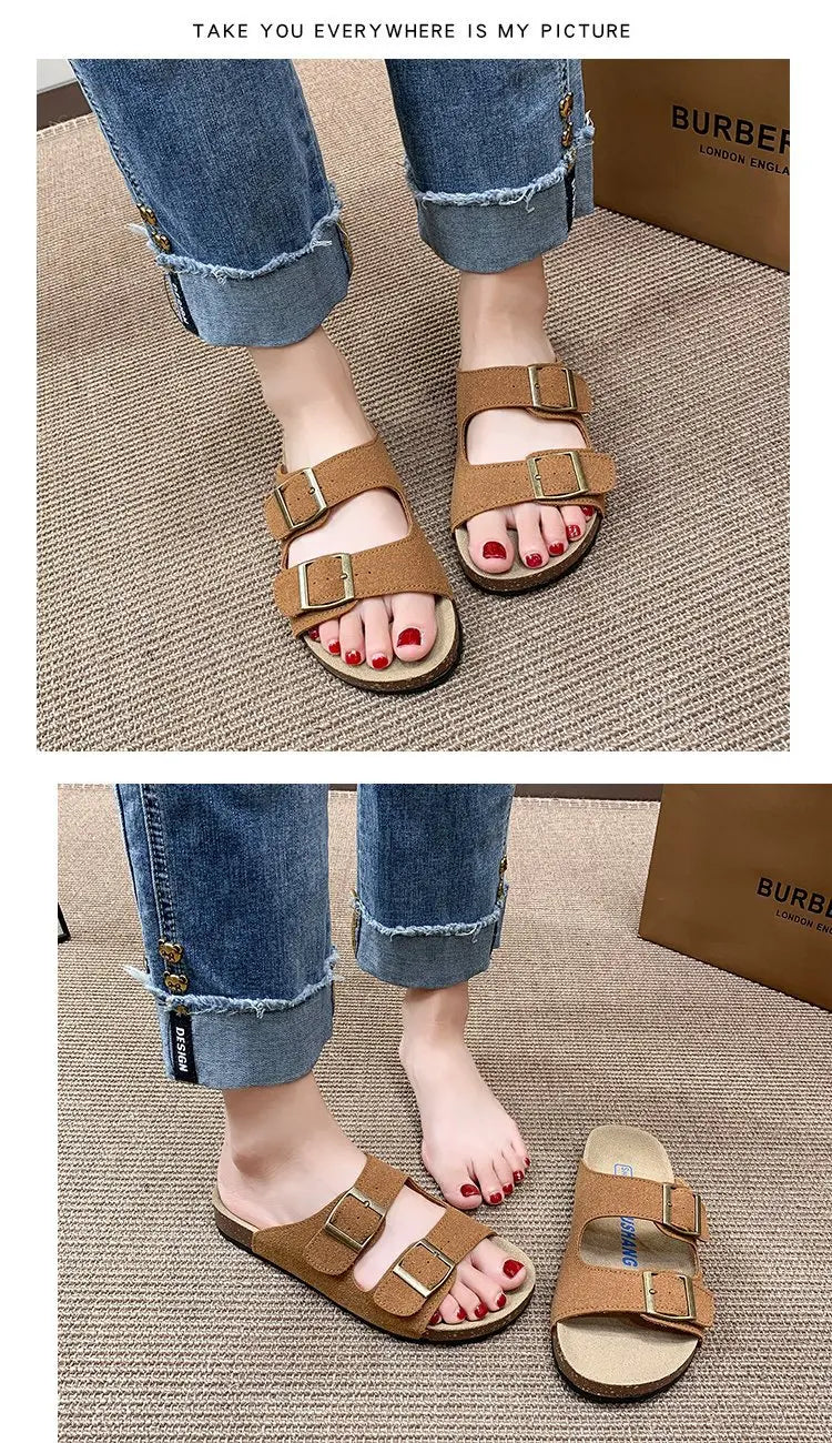 Comwarm Classic Cork Slippers For Women New Fashion Suede Flats Sandals Summer Couple Beach Slides Shoes With Adjustable Buckle