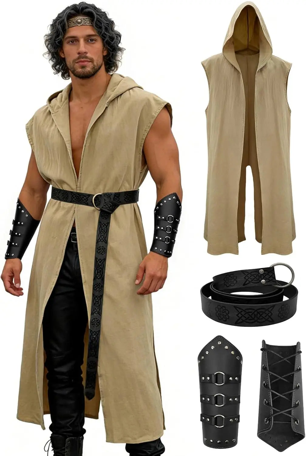 Verceco Men’s Renaissance Costume Set – Medieval/Renaissance Costume for Men with Hooded Surcoat Leather Belt & Bracers