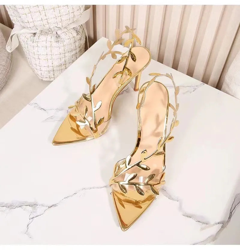 Star Style Summer Fashion Sequined Patent Leather Leaf Women Sandals Elegant Pointed Toe Stiletto High Heels Prom Dresses Shoes