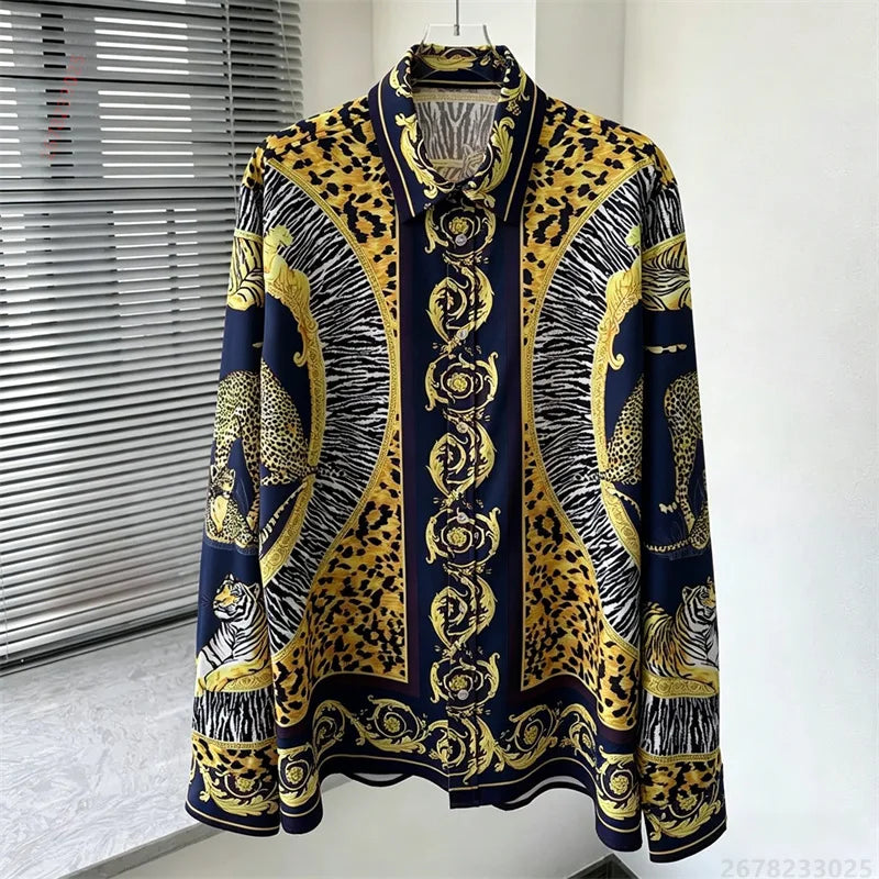 Men's shirt retro Baroque animal print shirt casual loose long sleeved shirt light luxury design sense men's top XS-6XL size