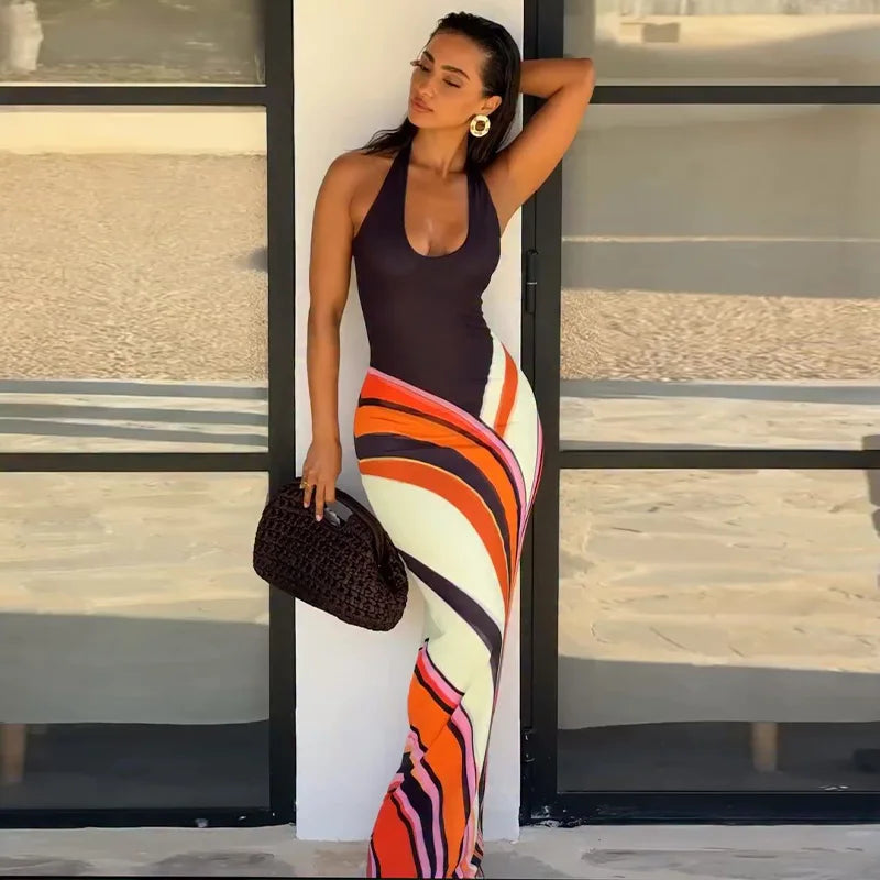 Women’s Sexy Printed Deep V-Neck Backless Maxi Dress