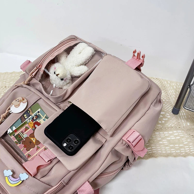 Cute Women’s Waterproof Nylon Backpack – Multi-Pocket Kawaii School Bag, Laptop & Book Pack for Girls, Stylish Student Travel Backpack