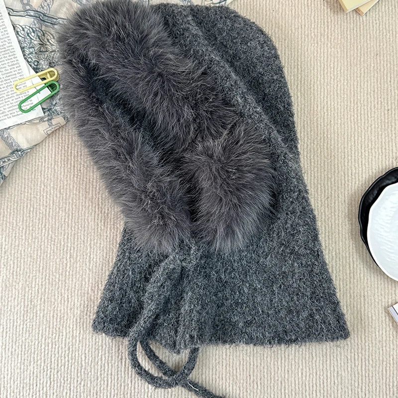 New Balaclava Women's Winter Wool Knitted Hat Ski Windproof Hat Thick Plush Fluffy Beanies Hood Pullover Hats for Riding Outdoor
