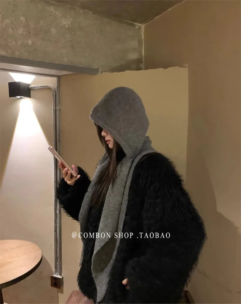 Oversize Hood Scarf Balaclava Hat Winter Ear Protection Windproof Warm Balaclava Hats Women Fashion Hat and Scarf Skullies Beani