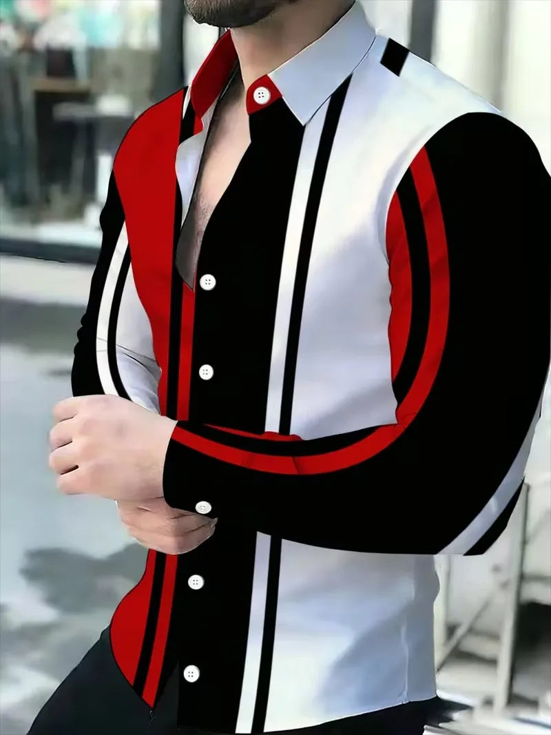 New blue and white geometric wave dynamic printed shirt with trendy technology for men's slim fit long sleeved shirt