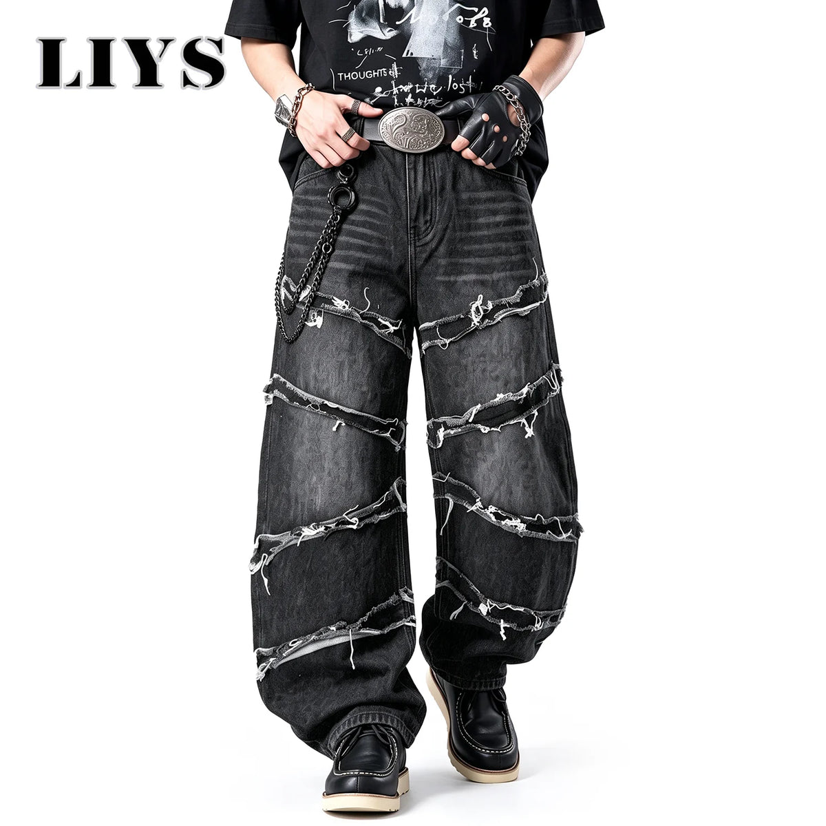 LIYS Men's Gothic Baggy Jeans Raw Frayed Edge Deconstructed Patchwork Wide Leg Denim Pants Y2K Punk Streetwear Trousers ﻿