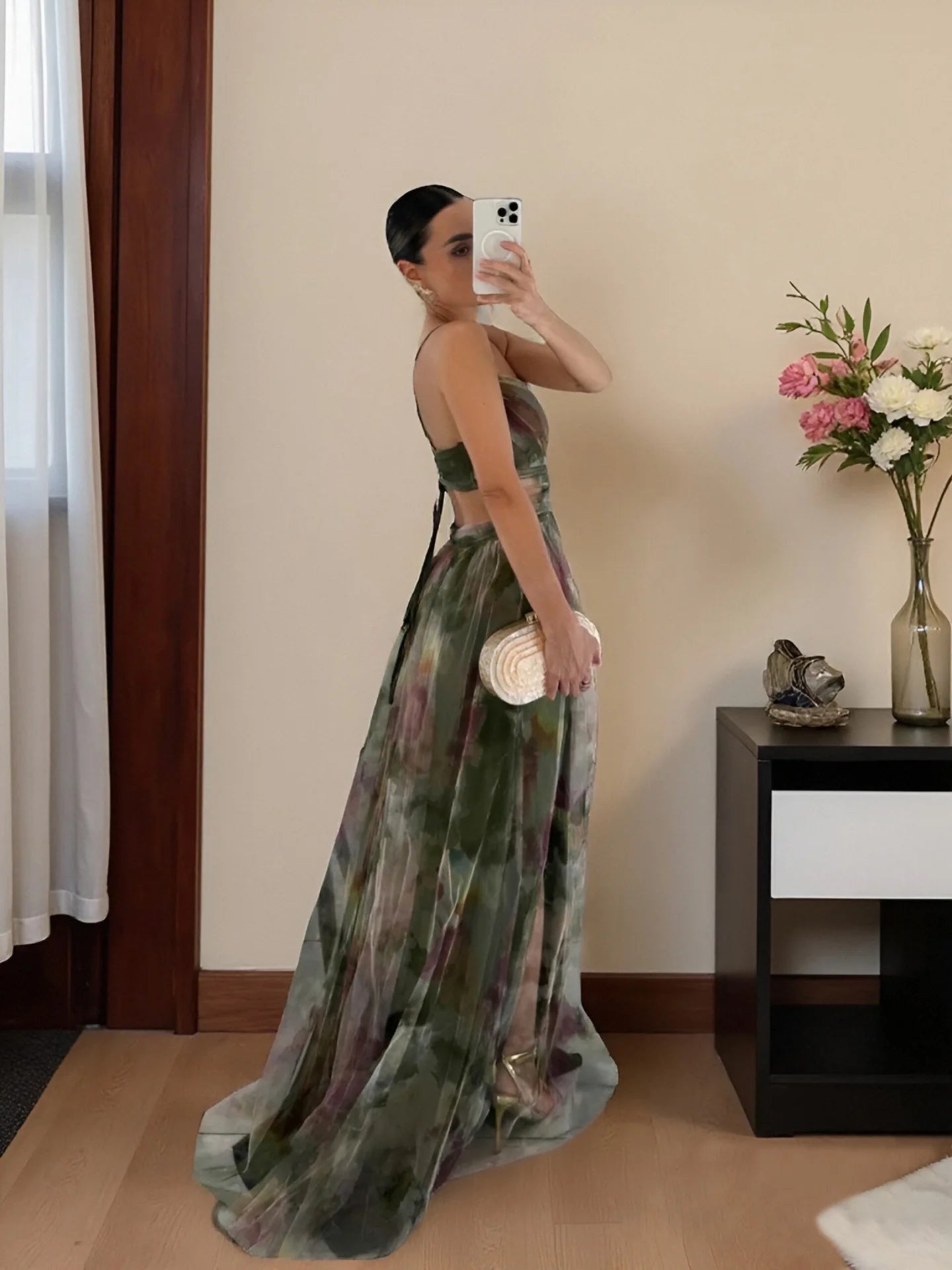 Women’s Elegant Printed Backless Maxi Dress