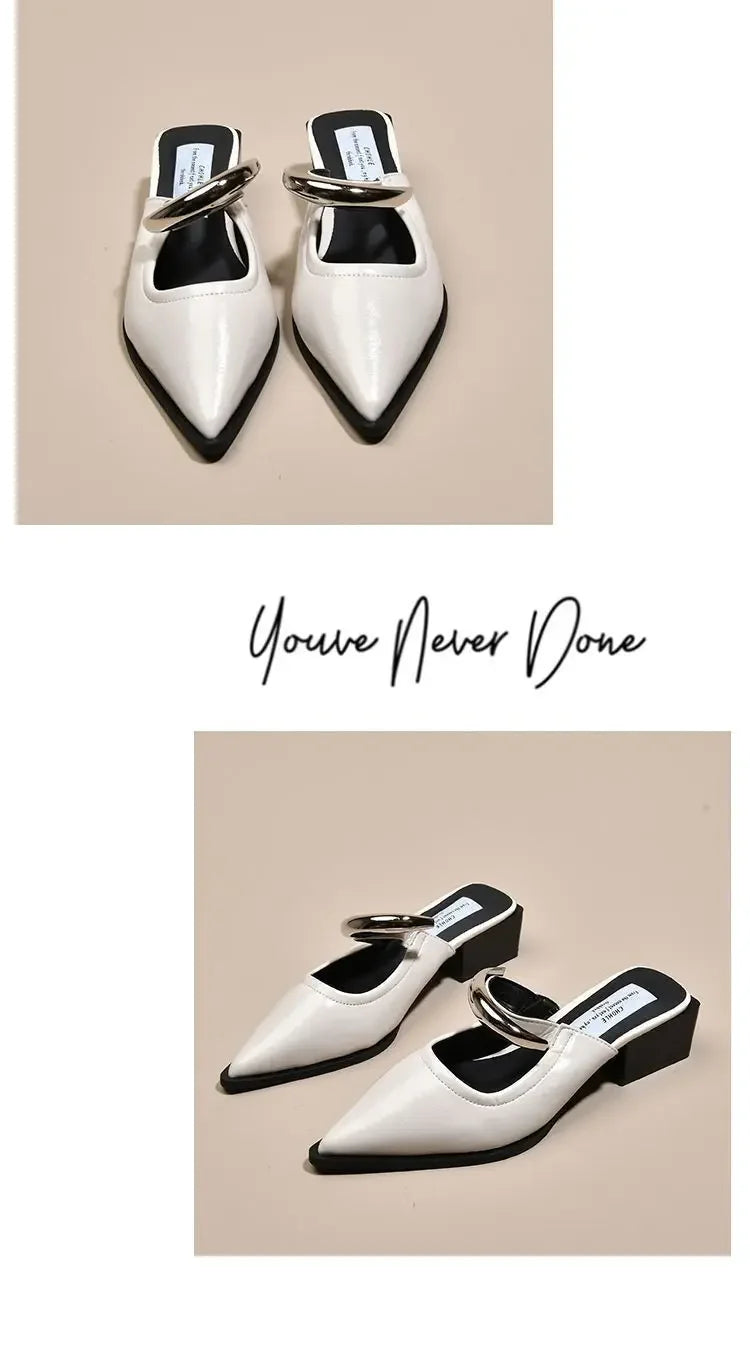 2026 New Women Cover Toe Mules Slippers Fashion Metal Decoration Thick Heel Slide Shoes Comfort Street Style Footwear