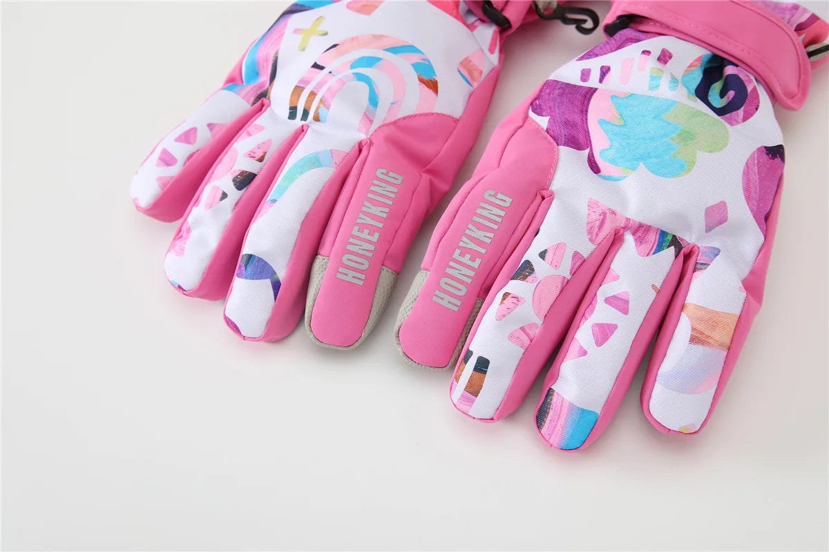 HONEYKING Kids Winter Ski Gloves Waterproof Warm Padded Mitten For Girls Boys Outdoor Skiing Cycling Windproof Snowboard Gloves