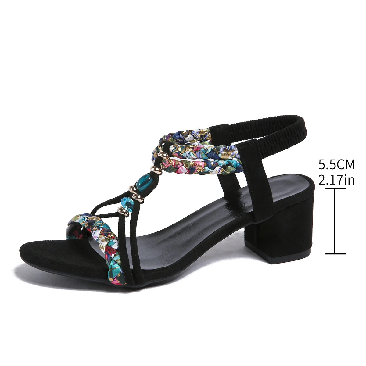 Women’s Bohemian Beaded Gladiator Sandals with Thick High Heels, Elastic Strap & Plus Size Summer Style