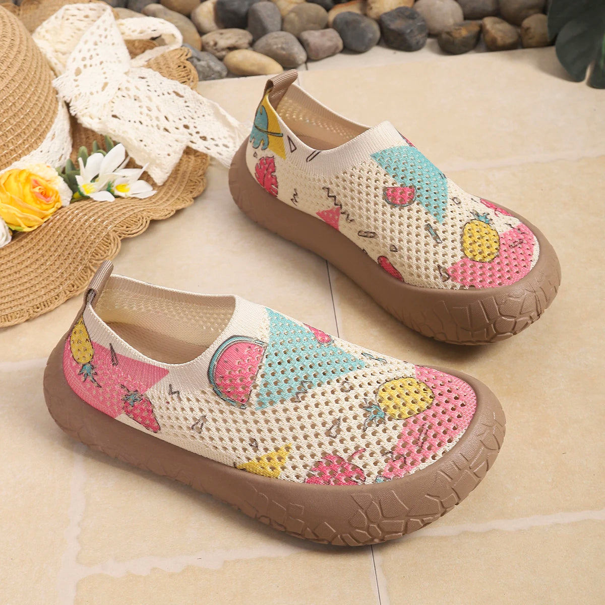 2026 Spring Autumn Women Tropical Print Slip On Sneakers Light Breathable Nonslip Mesh Casual Walking Shoes Daily Outdoor Commut