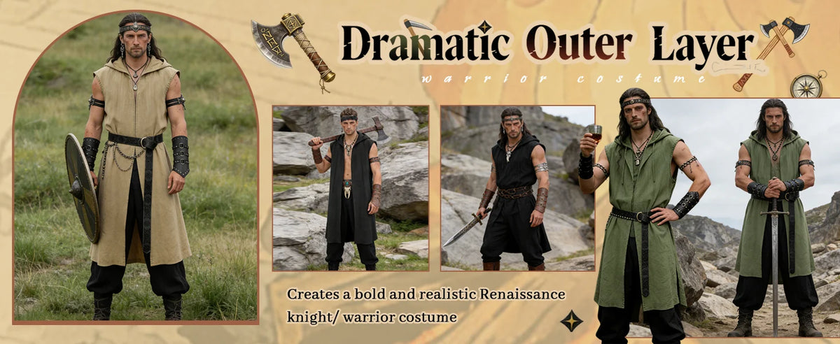 Verceco Men’s Renaissance Costume Set – Medieval/Renaissance Costume for Men with Hooded Surcoat Leather Belt & Bracers