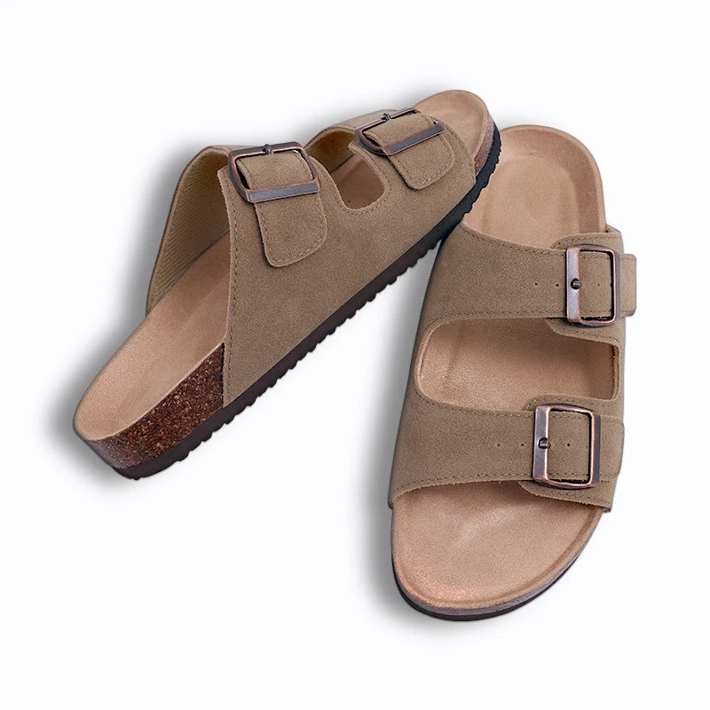 Comwarm Classic Cork Slippers For Women New Fashion Suede Flats Sandals Summer Couple Beach Slides Shoes With Adjustable Buckle