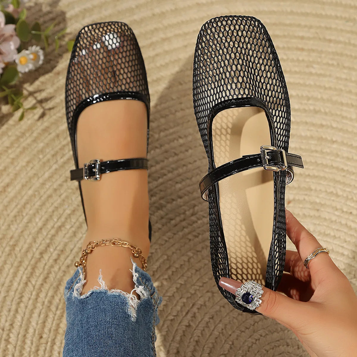 Women's Autumn Mesh Hollow Breathable Casual Ballet Flats 2026 New Solid Color Anti-Slip Comfortable Lightweight Low-top Shoes